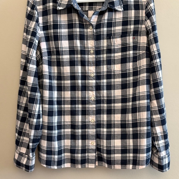 $9🎅🏼Tommy Hilfiger Black White & Baby Pink Plaid Button-Up Long Sleeve Flannel - Picture 6 of 15
